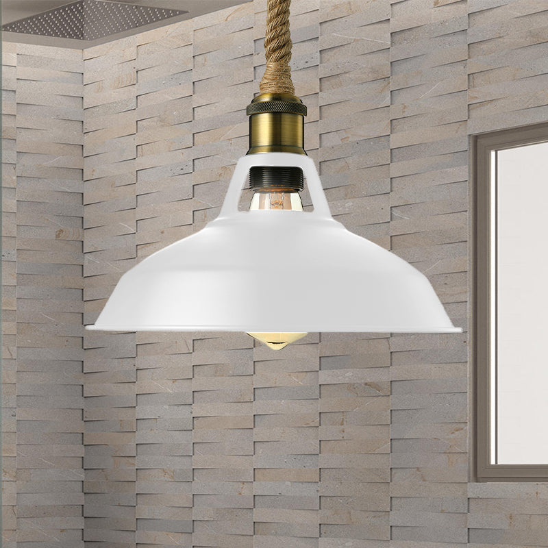 Barn Shade Living Room Pendant Lamp Industrial Style Metal 1 Light Black/White Ceiling Light Fixture with Hanging Rope