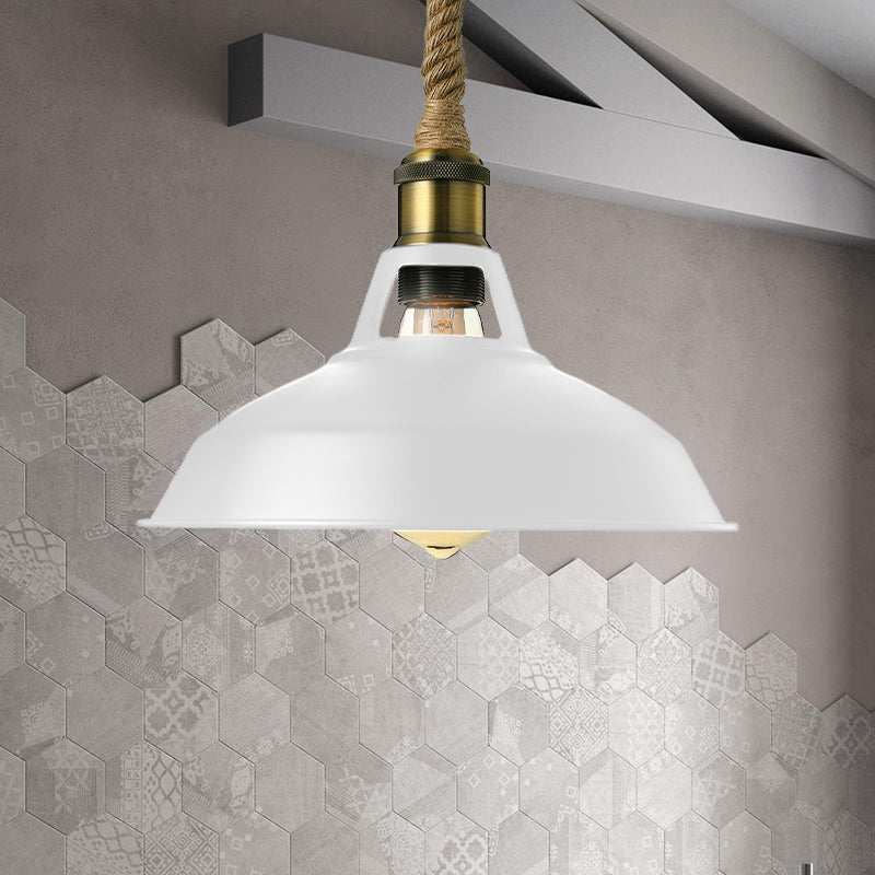 Barn Shade Living Room Pendant Lamp Industrial Style Metal 1 Light Black/White Ceiling Light Fixture with Hanging Rope