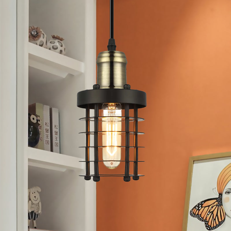 Accesorio de techo cilíndrico de hierro RETRO INDUSTRIAL 1 CABEZA Lámpara colgante de sala de estar con sombra de jaula de alambre en cobre/latón envejecido