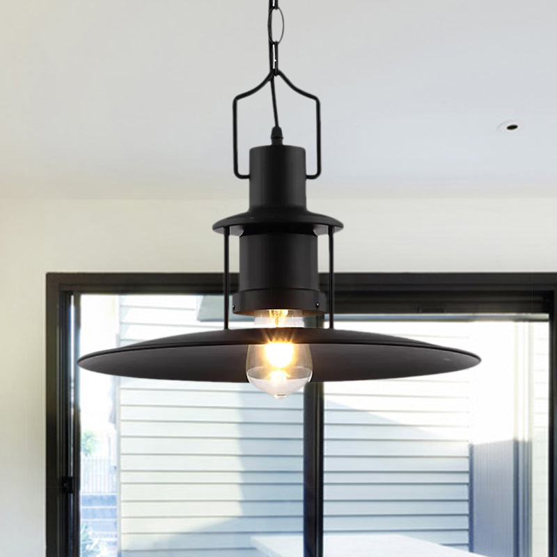 Flat Cone Shade Metal Pendant Light Industrial 1 Light Dining Room Hanging Fixture in Black, 16" Width