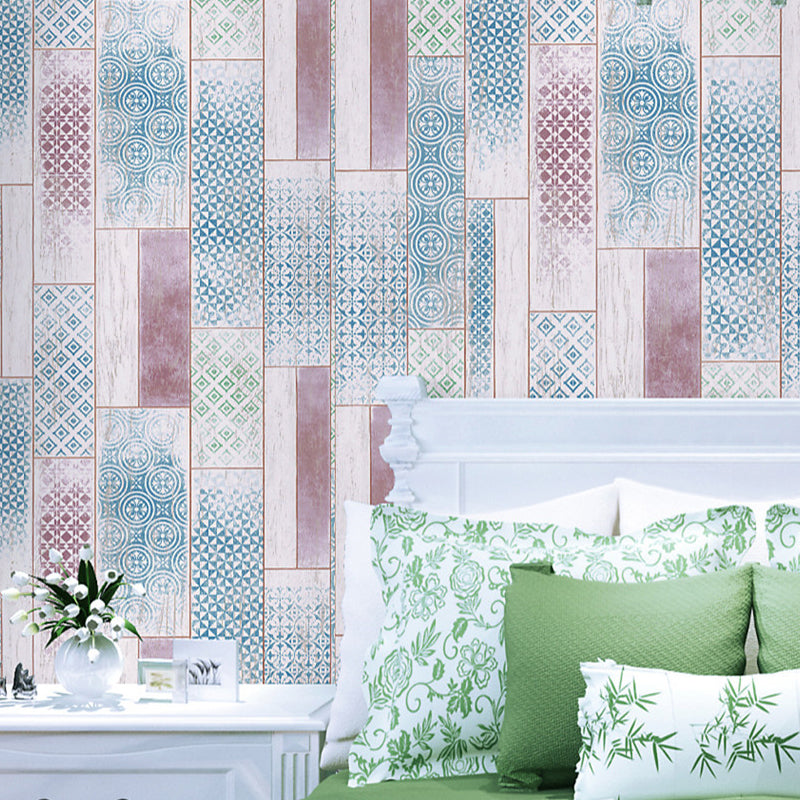 Geometric-Patterned Wood Wallpaper Bohemian Style Smooth Wall Decor in Blue for Home