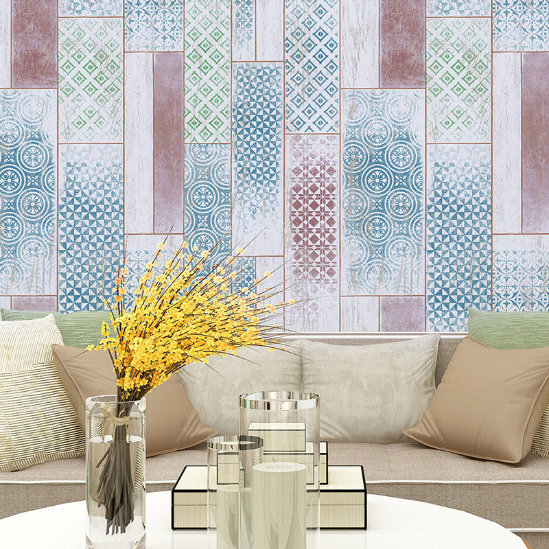 Geometric-Patterned Wood Wallpaper Bohemian Style Smooth Wall Decor in Blue for Home