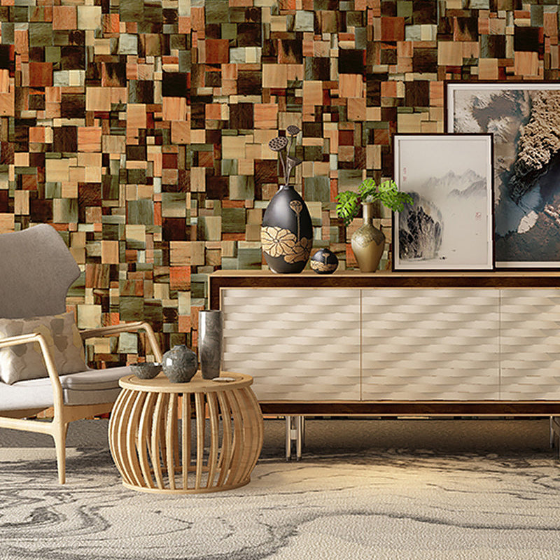 Removable Country Wood Block Wallpaper Orange Patchwork Wall Art, Peel and Stick