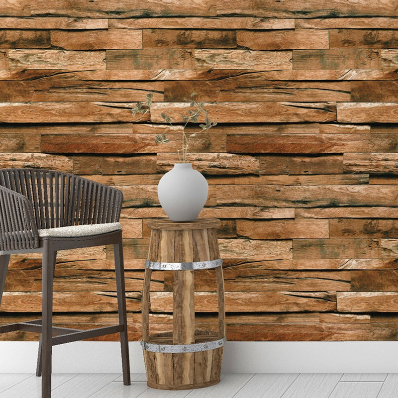 Brown Splicing Wood Wallpaper Roll Moisture Resistant Wall Covering for Living Room