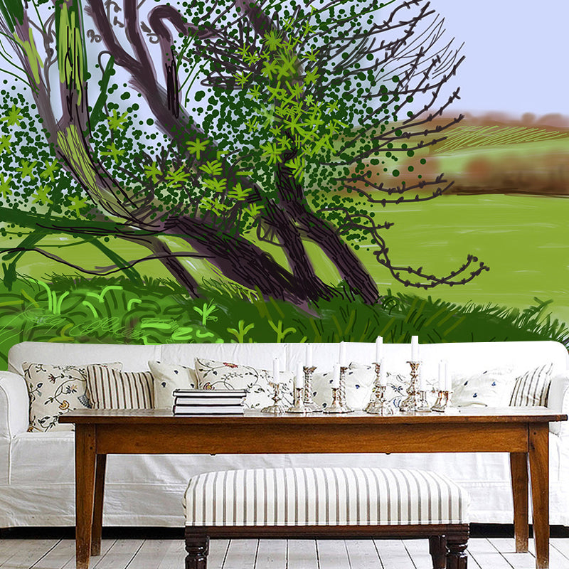 Leaning Tree Art Wall Murals Contemporary Non-Woven Wall Decor in Green for Home
