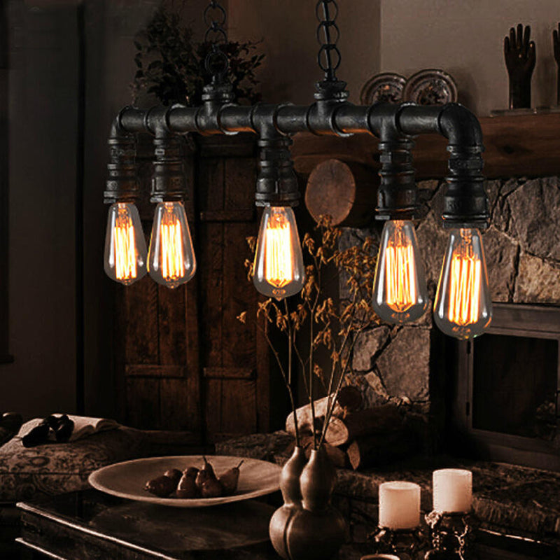 5 Lights Linear Island Pendant Light with Pipe Design Farmhouse Style Black Metal Lighting Fixture
