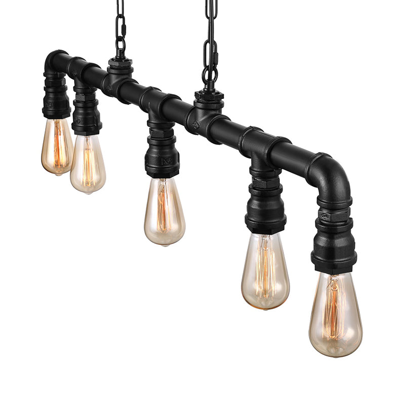 5 Lights Linear Island Pendant Light with Pipe Design Farmhouse Style Black Metal Lighting Fixture
