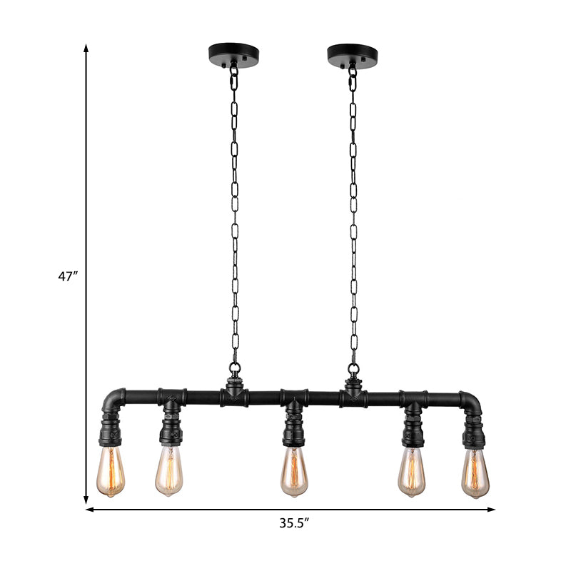 5 Lights Linear Island Pendant Light with Pipe Design Farmhouse Style Black Metal Lighting Fixture