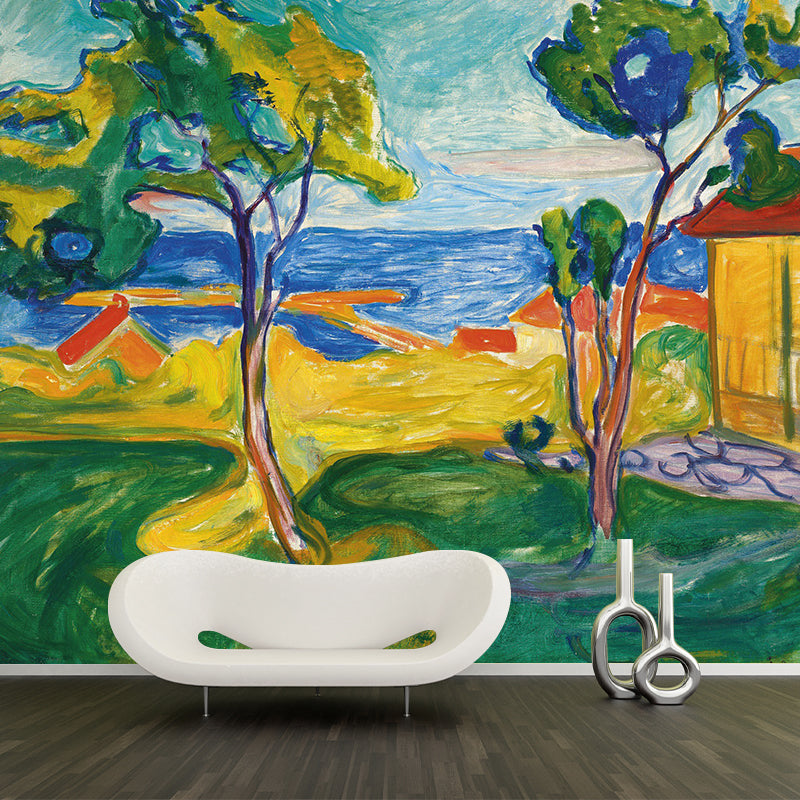 Autumn Coastal Cabin Wall Mural Modern Art Non-Woven Cloth Wall Decor in Blue-Yellow-Green