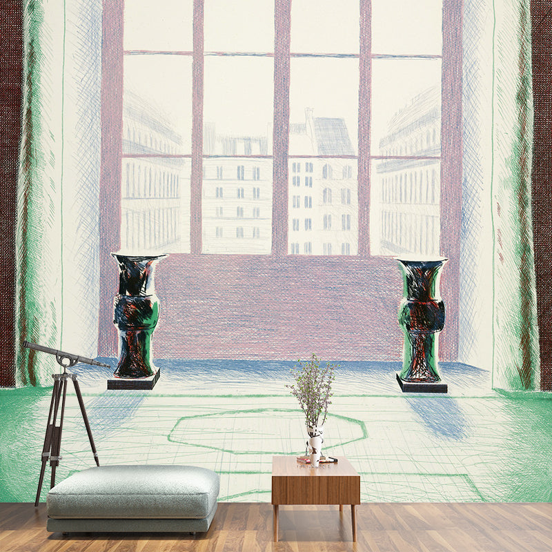 Artistic French Window Painting Murals Non-Woven Washable Green-White Wall Decor for Home