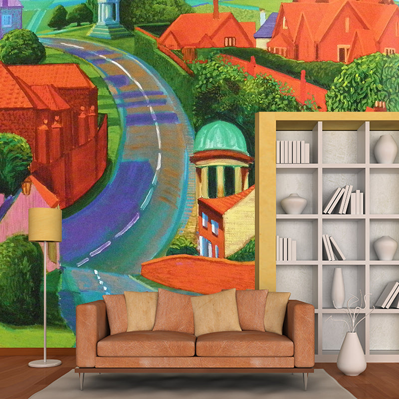 Road Through Small Town Mural Orange-Green Modern Art Wall Covering for Living Room