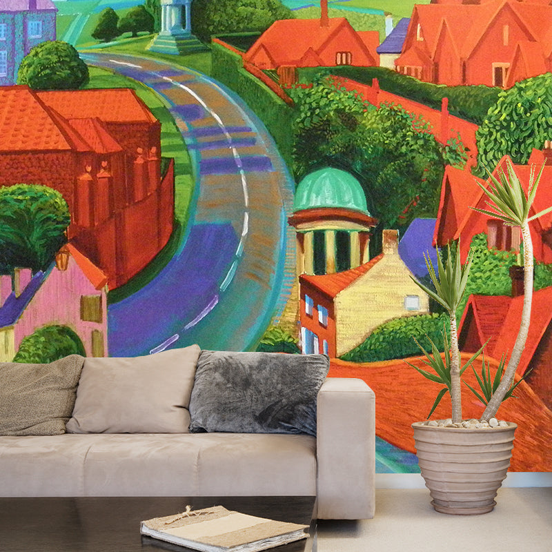 Road Through Small Town Mural Orange-Green Modern Art Wall Covering for Living Room