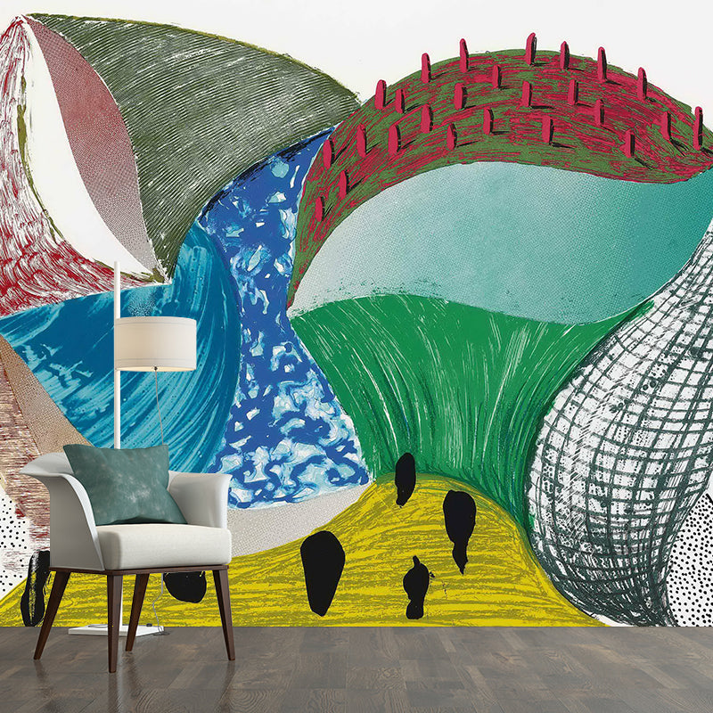Illustration Abstract Painting Mural Blue-Yellow-Green Non-Woven Wall Art, Stain Proof, Custom Made