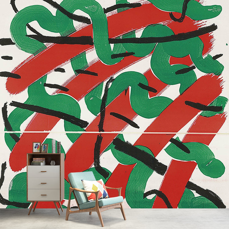 Artistry Interweaving Pattern Mural Red and Green Living Room Wall Decor, Made to Measure