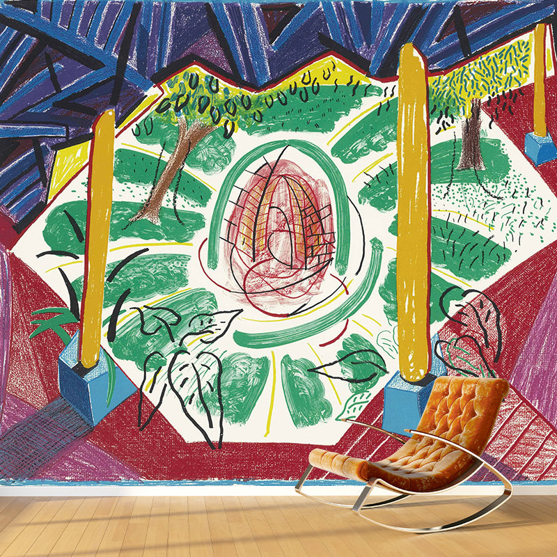 Illustrations-Kunst-Wandpapier-Wandbild, mehrfarbige Ansicht des Hotelbrunnen-Gemäldes, Wanddekoration, individuelle Größe