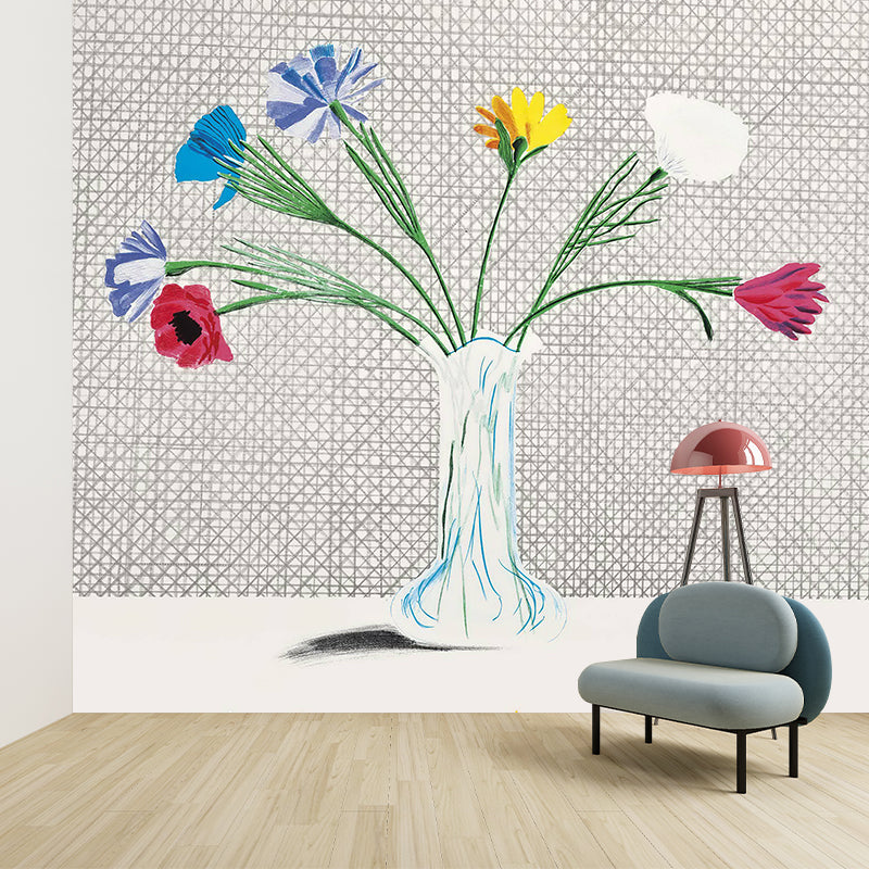 Still Life Flower Vase Murals Modern Art Non-Woven Material Wall Decor in Grey-Green