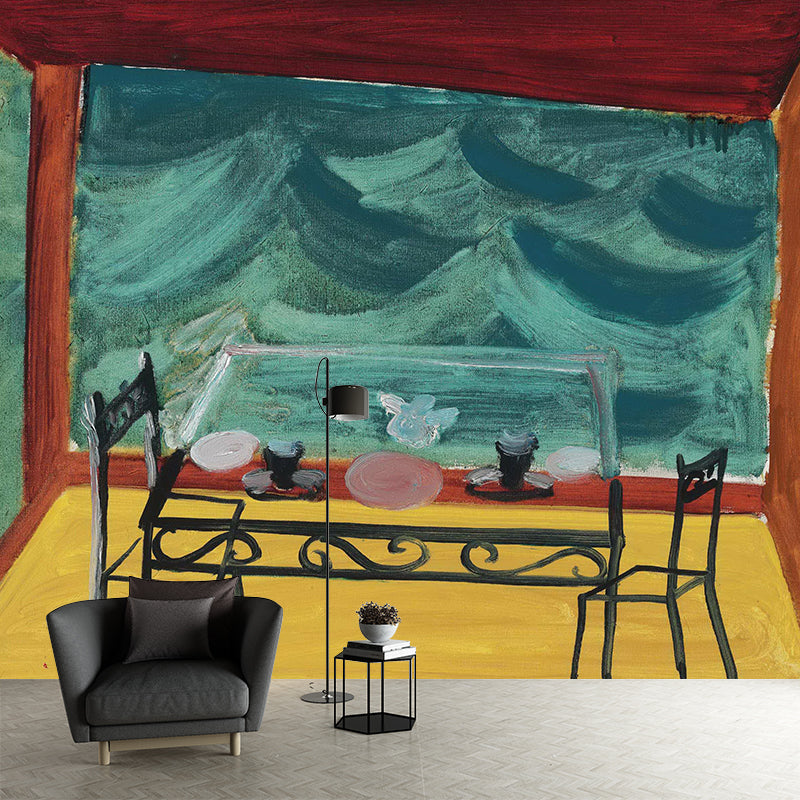 Illustration Tea Time Wallpaper Mural for Accent Wall, Red-Yellow-Green, Custom Printed