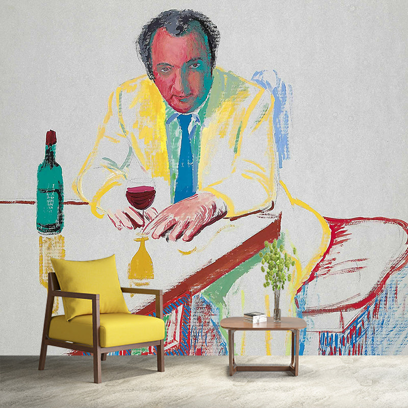 Artistry Man Drinking Mural in Red-Yellow-Blue-Green Washable Wall Covering for Corridor