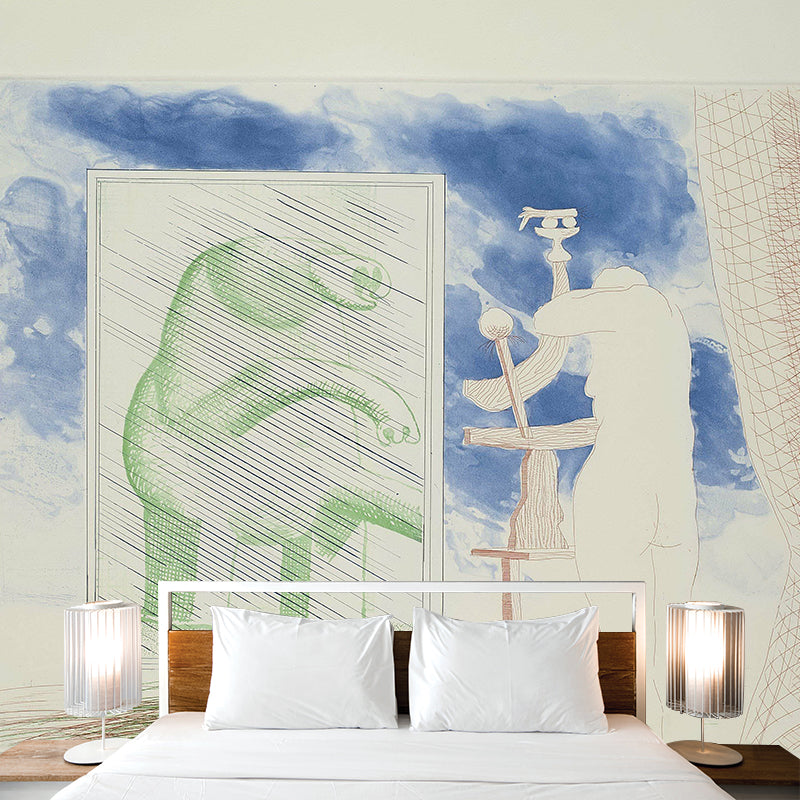 Hockney the Blue Guitar Murals in Green Art Deco Wall Covering for Bedroom, Custom Made