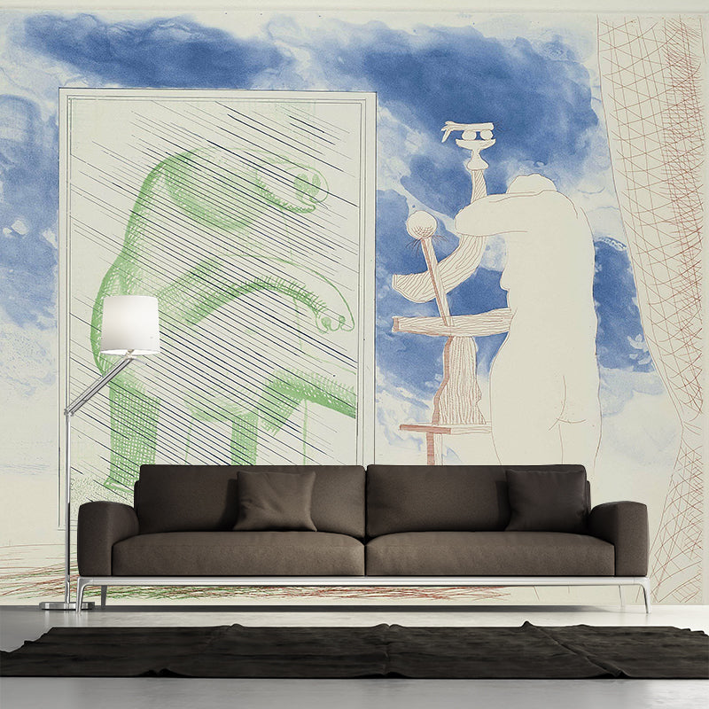Hockney the Blue Guitar Murals in Green Art Deco Wall Covering for Bedroom, Custom Made