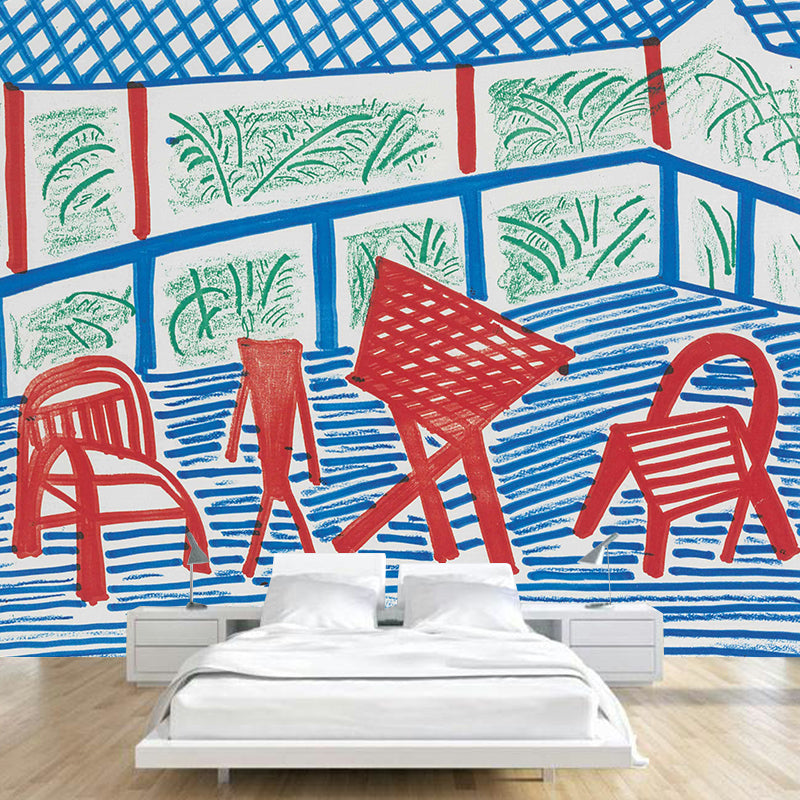 Modern Courtyard Dinette Wall Mural Red-Blue-Green Washable Wall Art for Living Room