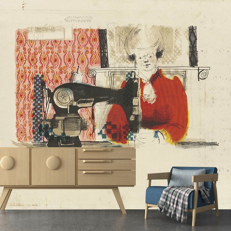 Pastel Color Art Deco Murals Full Size Woman with Sewing Machine Drawing Wall Covering for Home