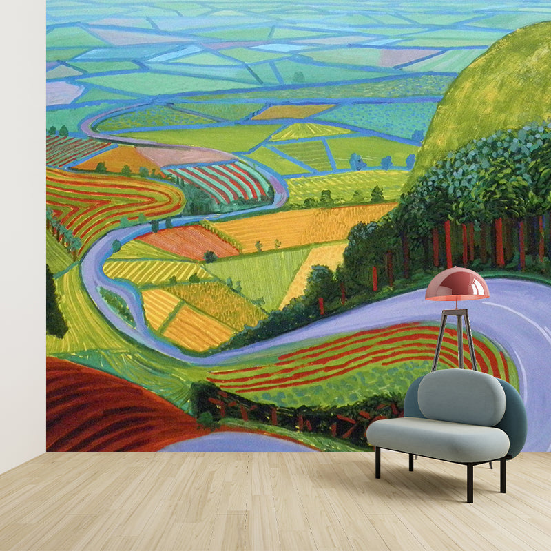 Steep Road to Farm Murals Artistic Washable Bedroom Wall Decor in Yellow-Green, Custom Made
