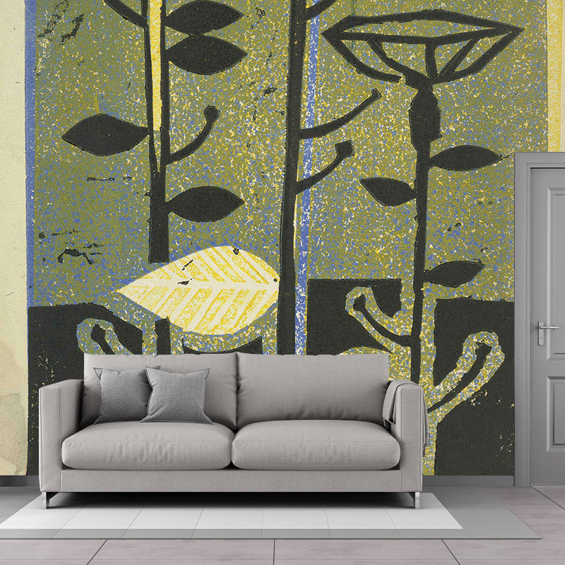 Art Deco Flowers Painting Murals Yellow-Brown Bedroom Wall Decoration, Custom-Print