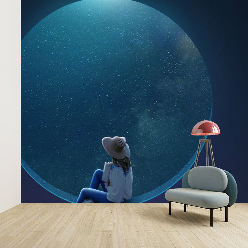 Non-Woven Washable Murals Sci-Fi Girl and Starry Moon Night Wall Art for Bedroom