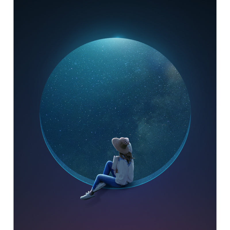 Non-Woven Washable Murals Sci-Fi Girl and Starry Moon Night Wall Art for Bedroom