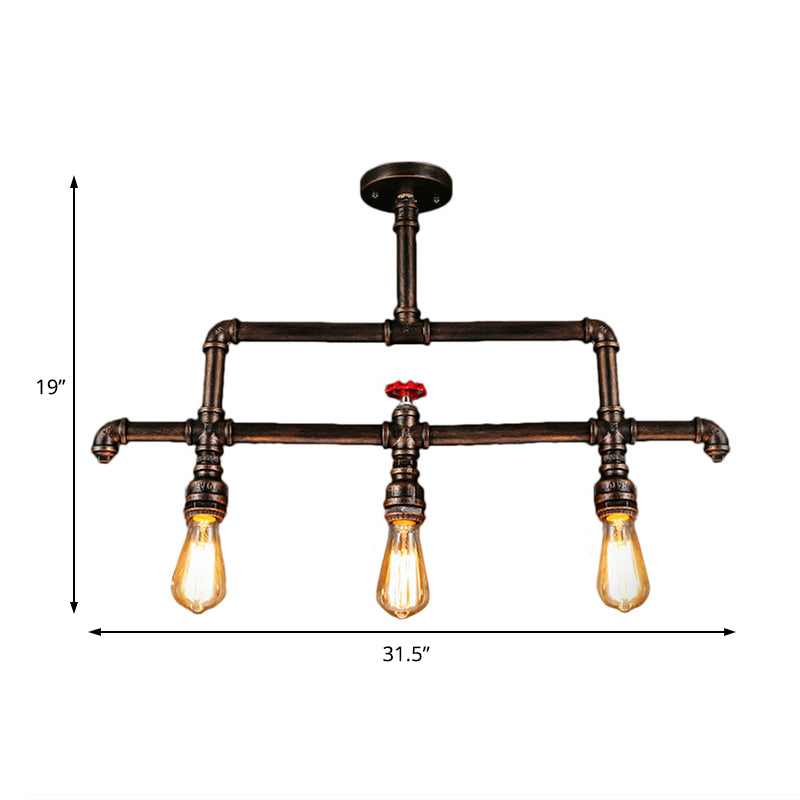 3 Lights Linear Island Lighting Steampunk Bronze Metal Island Pendant Lamp with Pipe and Valve Decoration
