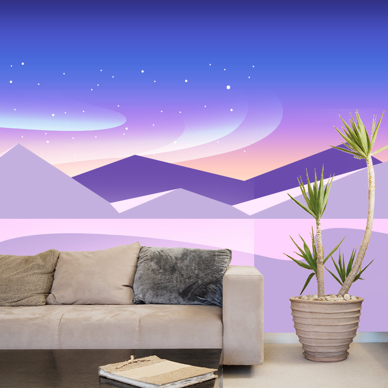 Whole Star and Aurora Mural Nordic Mystic Night Mountain Landscape Wall Decor in Purple-Blue