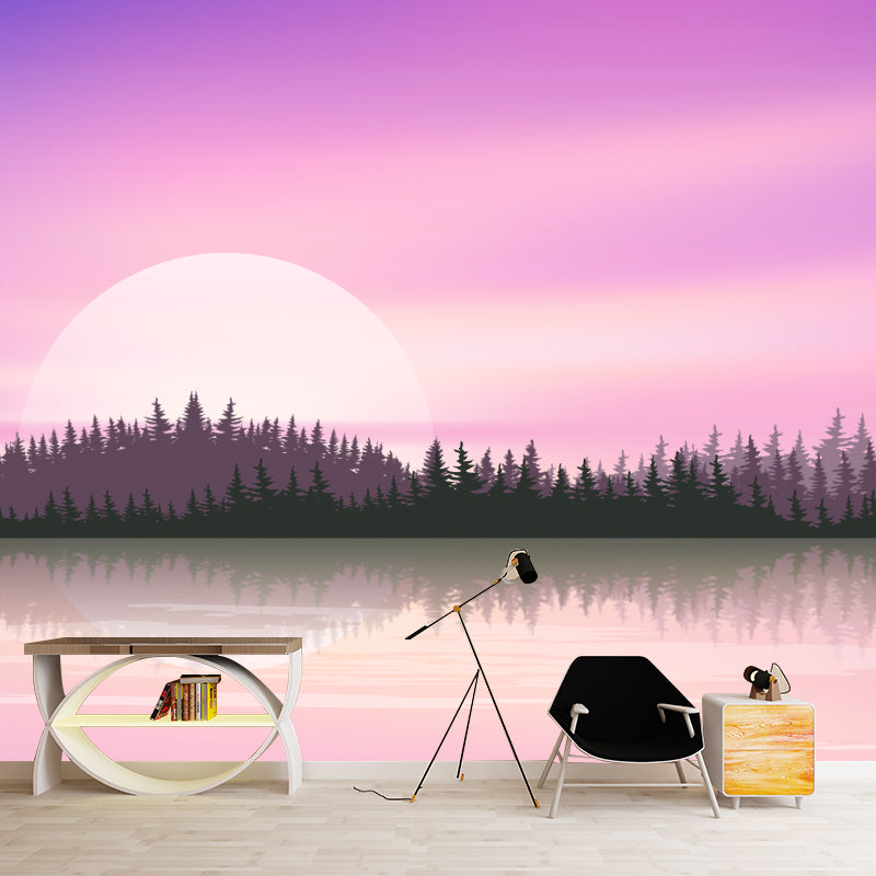 Moon Hide Behind Lake Mural Wallpaper Modern Stain Resistant Bedroom Wall Covering, Size Optional