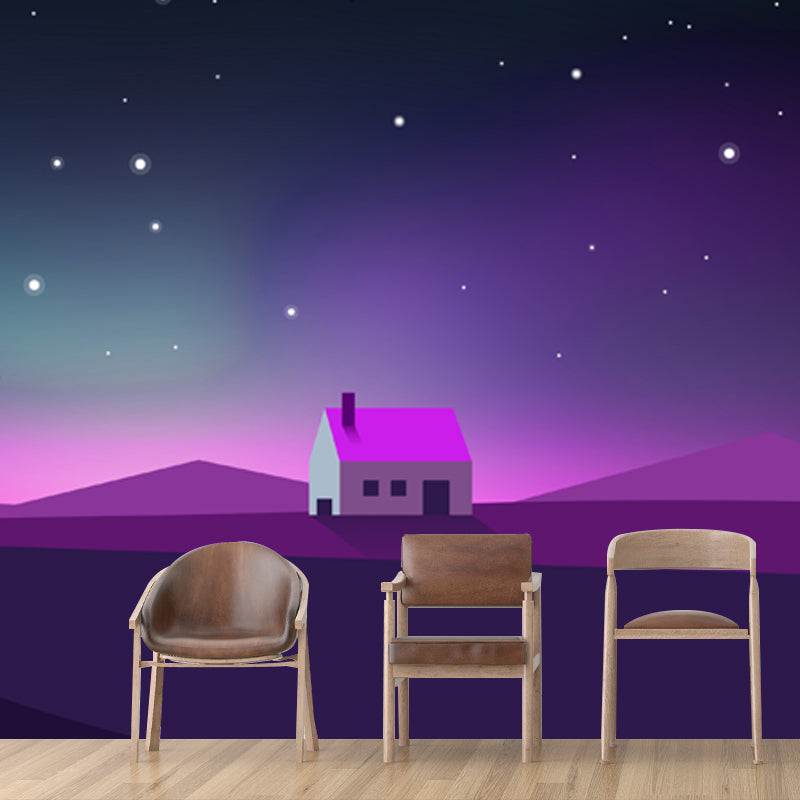 Large Nordic Wall Paper Mural Purple House with Night Polar Light Wall Decor, Made to Measure