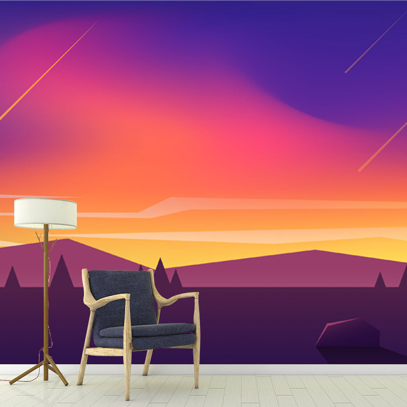 Whole Mountain Meteor Shower Mural for Bedroom Night Scenery Wall Art in Yellow-Blue, Washable