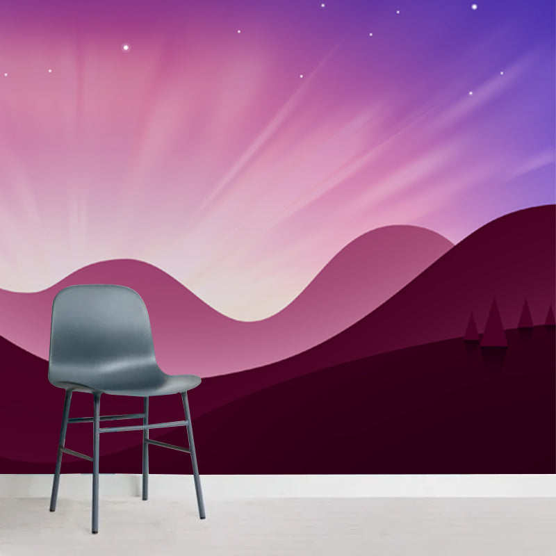 Light Beam from Mountain Mural in Purple-Pink Contemporary Wall Decor for Living Room