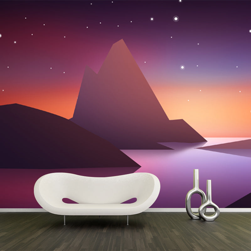 Large Mountain Starry Sky Murals Purple-Yellow Non-Woven Wall Covering, Waterproof, Custom Print