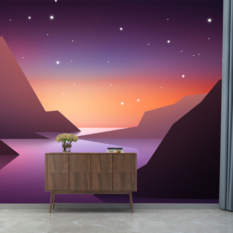 Large Mountain Starry Sky Murals Purple-Yellow Non-Woven Wall Covering, Waterproof, Custom Print