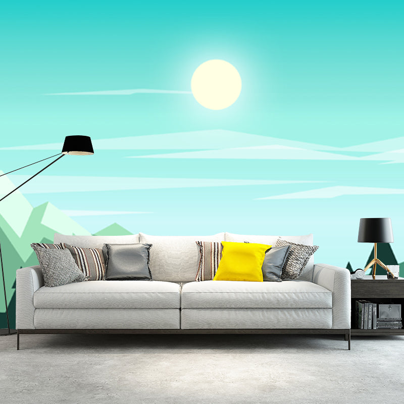 Nordic Sunshine on Mountain Murals in Aqua Pipe-Forest Wall Covering for Living Room