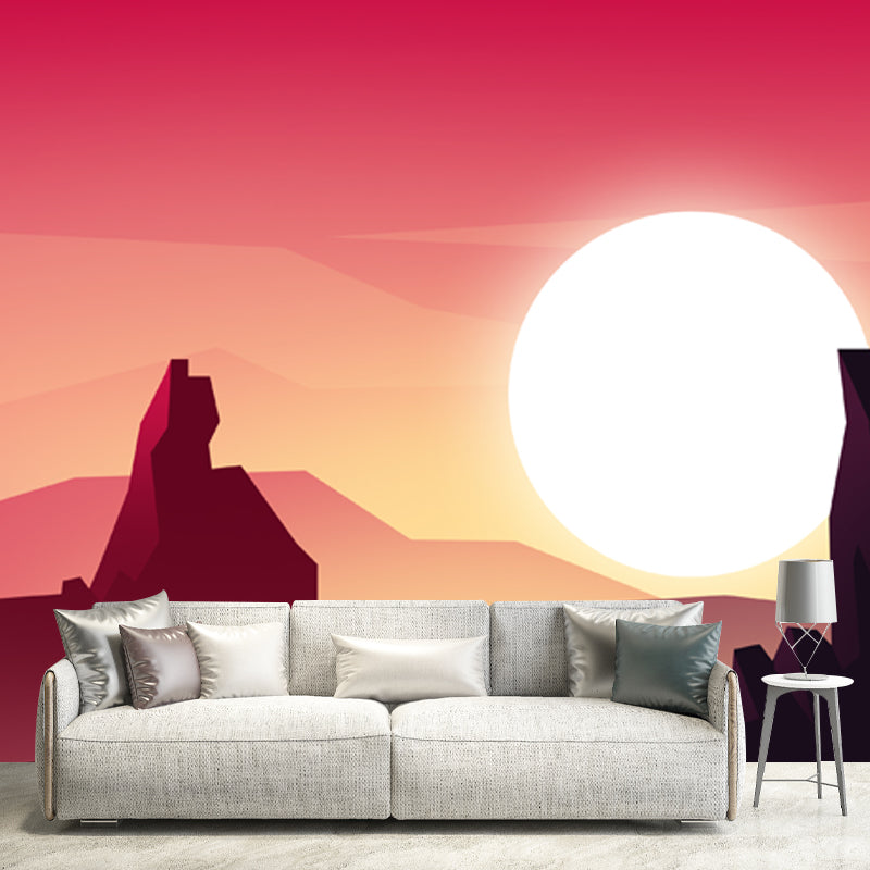 Yellow-Red Modern Art Mural Full Size Super Moon over Desert Castle Wall Decor for Corridor