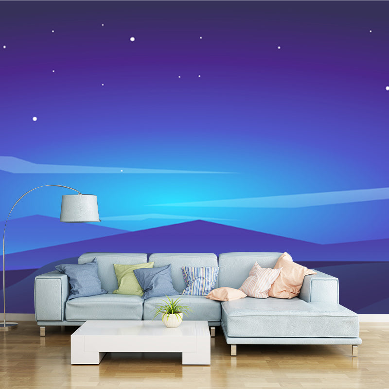 Nordic Night Scenery Murals Wallpaper Blue Moon and Polar Light Wall Covering for Accent Wall