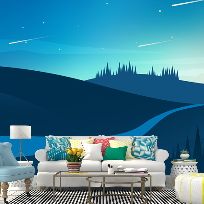 Lonely Hill Path Wall Mural for Bedroom Night Meteor Shower Wall Decor, Made to Measure