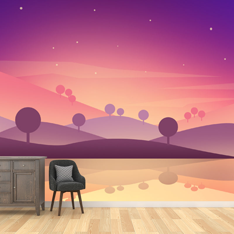 Purple-Yellow Night Scene Mural River and Hills Modern Waterproof Wall Art for Bedroom