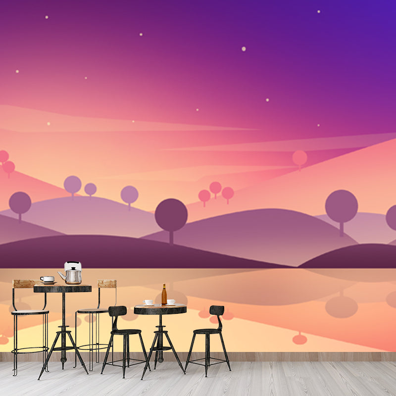 Purple-Yellow Night Scene Mural River and Hills Modern Waterproof Wall Art for Bedroom