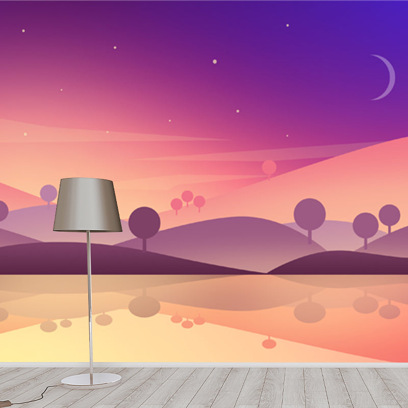 Purple-Yellow Night Scene Mural River and Hills Modern Waterproof Wall Art for Bedroom