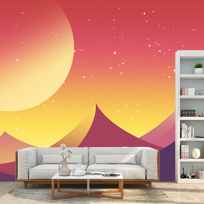 Illustration Crescent over Desert Mural for Bedroom, Orange, Custom Size Available