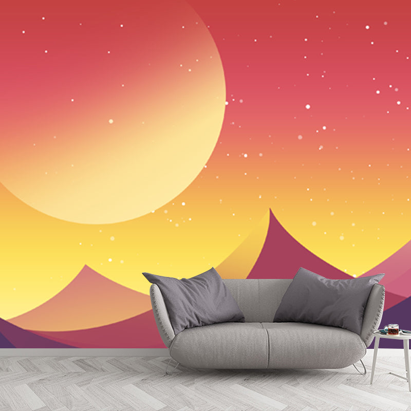 Illustration Crescent over Desert Mural for Bedroom, Orange, Custom Size Available
