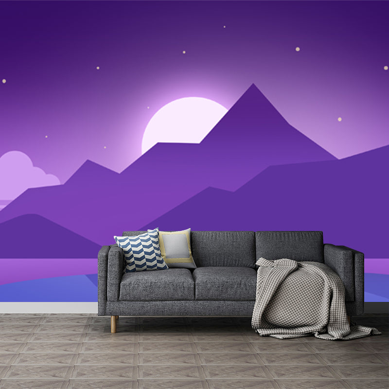 Full-Size Artistic Mural Wallpaper in Purple Riverside Mountain with Rising Moon Pattern Wall Decor, Custom Made