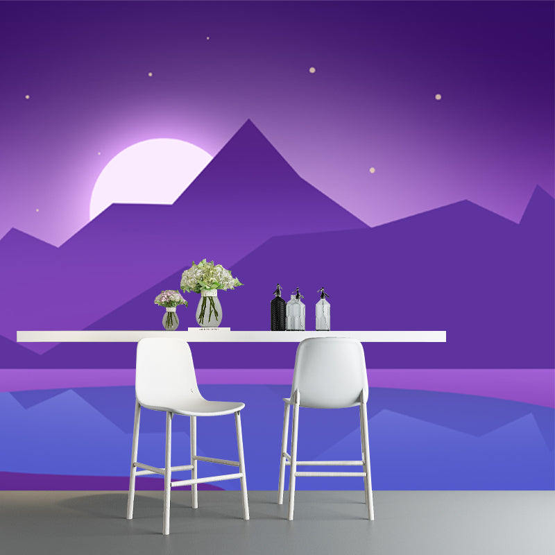 Full-Size Artistic Mural Wallpaper in Purple Riverside Mountain with Rising Moon Pattern Wall Decor, Custom Made