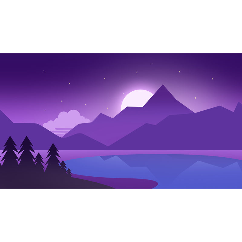 Full-Size Artistic Mural Wallpaper in Purple Riverside Mountain with Rising Moon Pattern Wall Decor, Custom Made